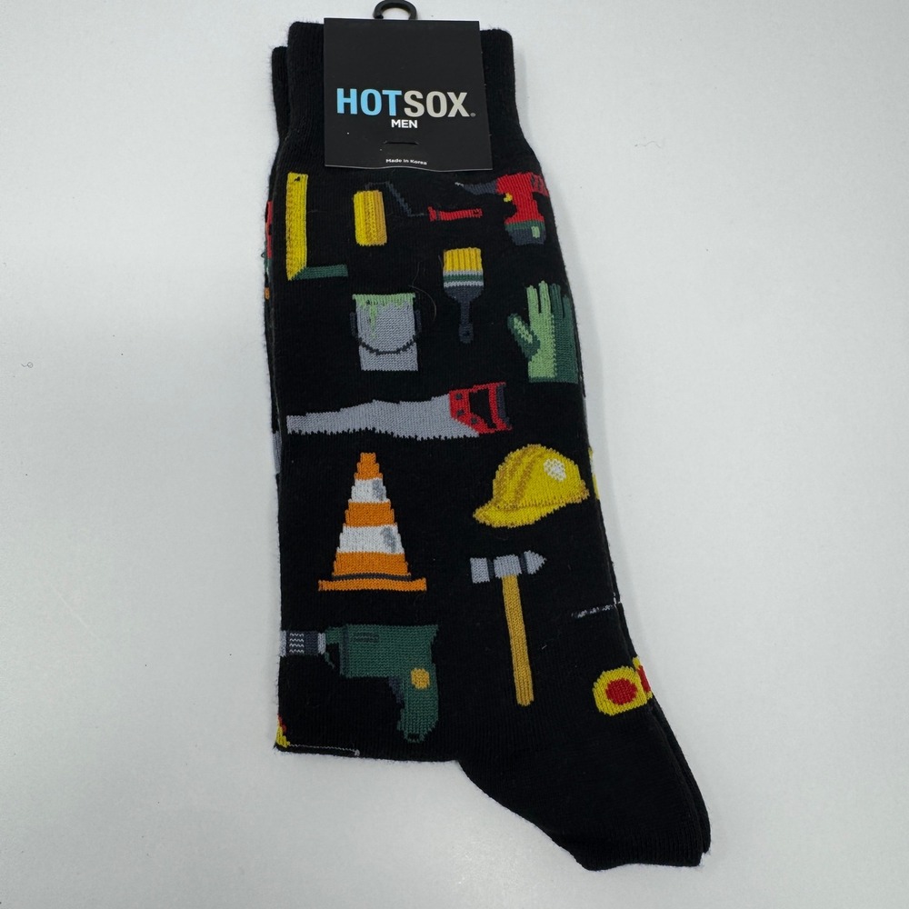 NWT Hotsox Mens Crew Socks Black Construction Tools Novelty HM100614 Size 6-12.5